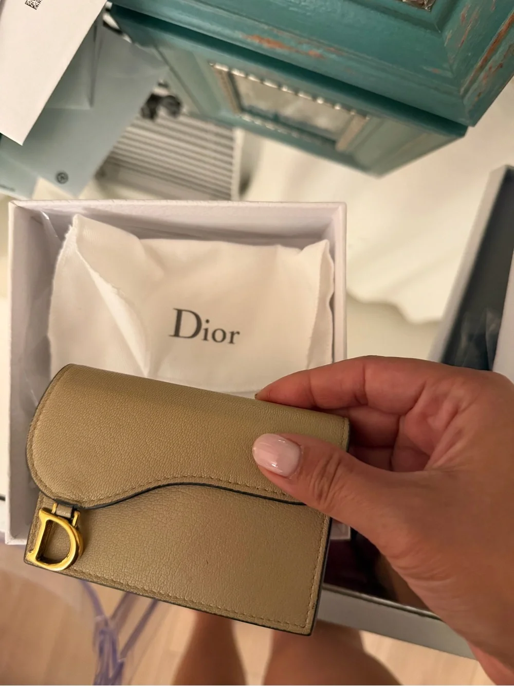 Dior Taupe Saddle Card Case with Gold 'D' Charm